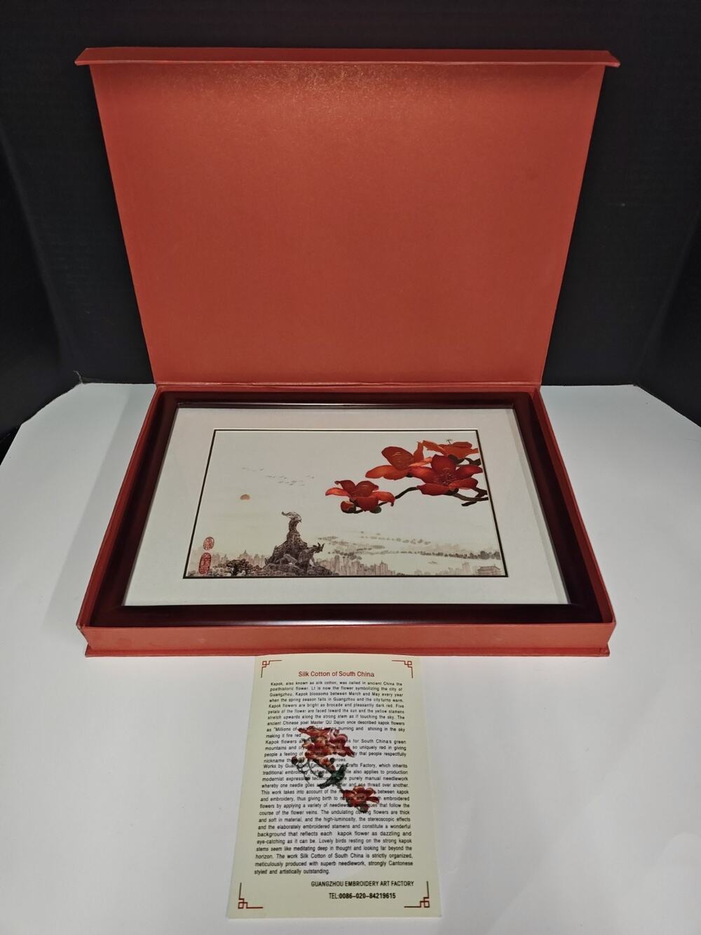 Cantonese Embroidery Kapok Silk Cotton Of South China Red Flowers Framed Decor
